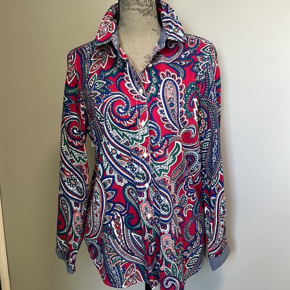 Tommy Hilfiger Classic Fit LS Cotton Paisley Button Front Blouse Sz Large - Picture 2 of 10